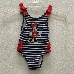 Disney Minnie Mouse 1 Piece Bathing Swim Suit Size 2T Nautical Striped Ruffles